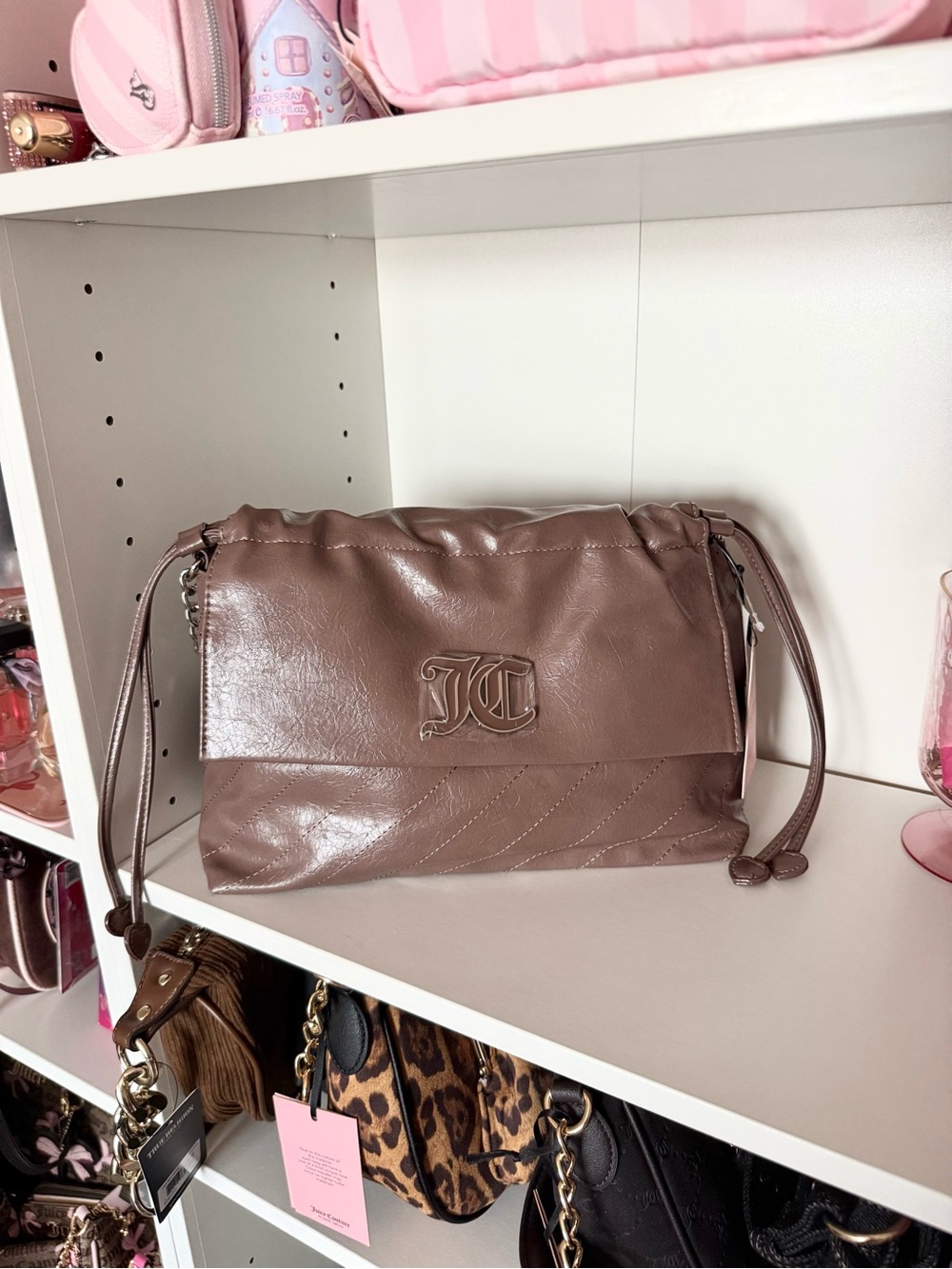 Juicy Couture “Soft Spoken” Taupe Shoulder Bag with Embossed JC Logo